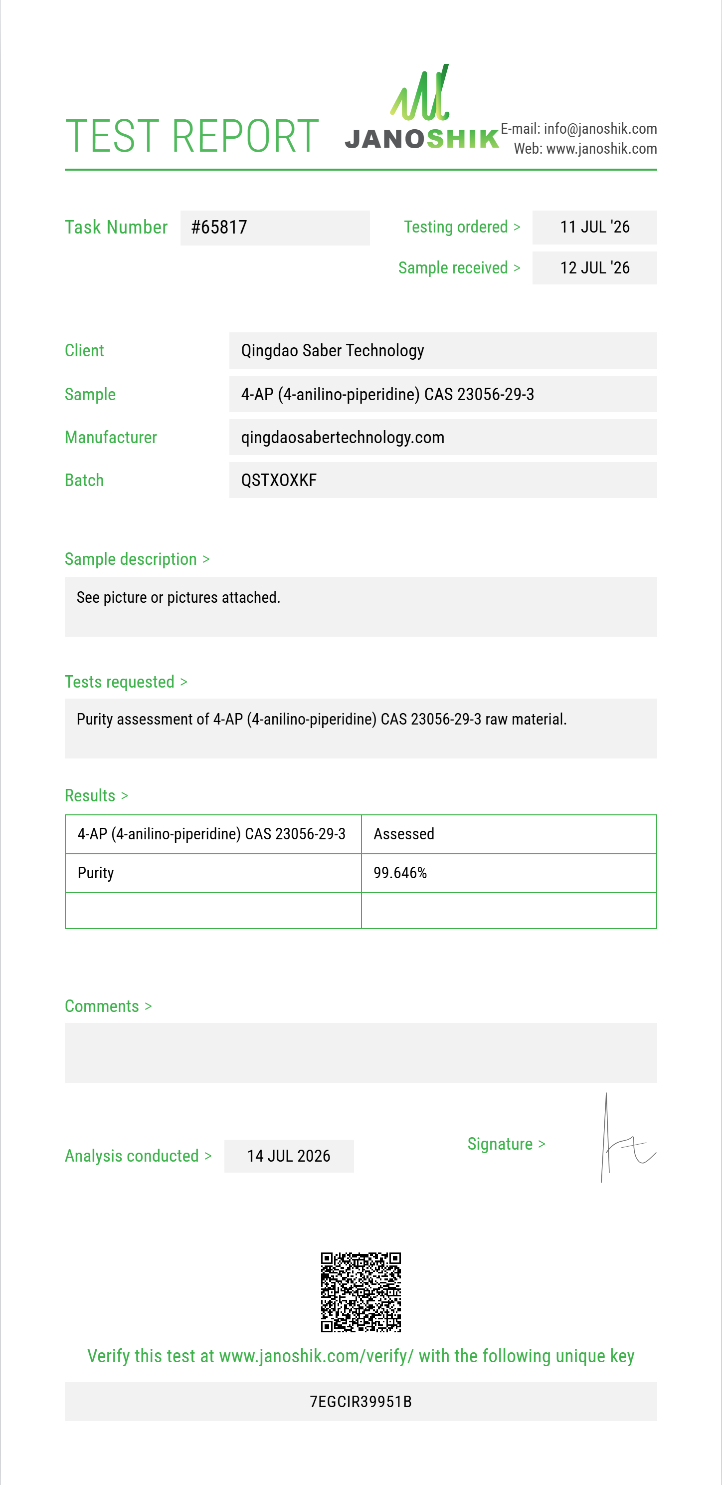 4-AP (4-anilino-piperidine / N-phenyl-4-piperidinamine) CAS 23056-29-3 Purity (HPLC) report by Janoshik Analytical