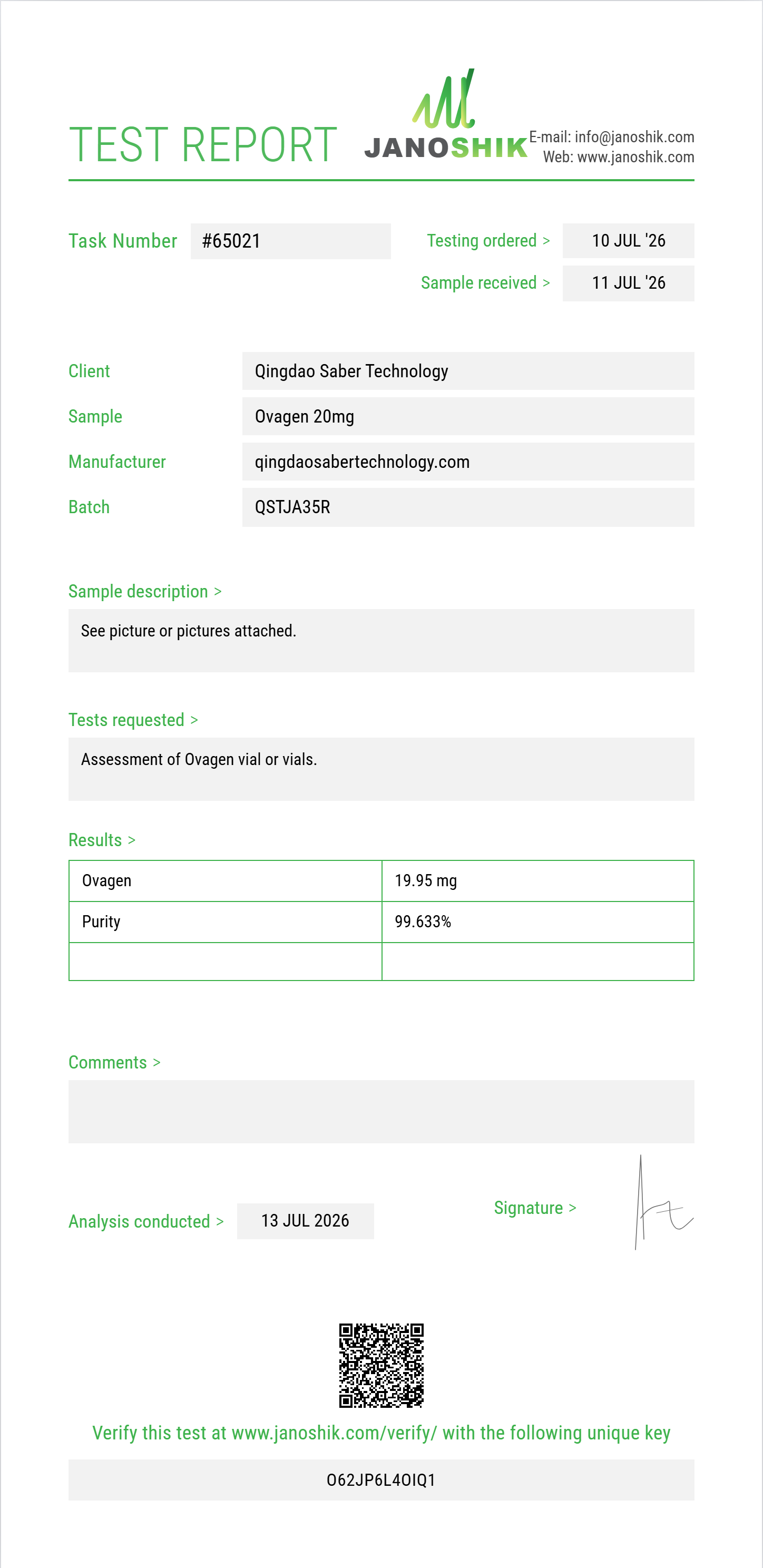 Ovagen Purity (HPLC) report by Janoshik Analytical