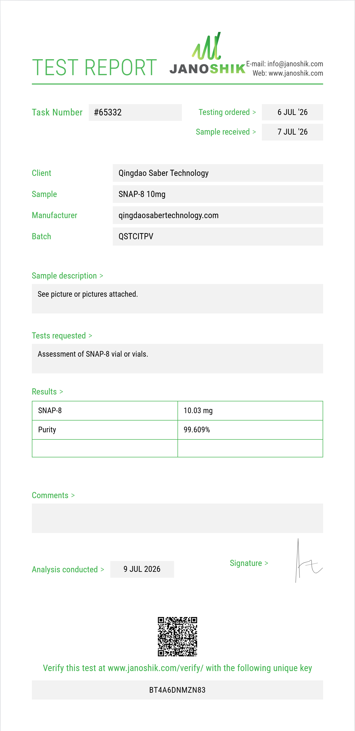 SNAP-8 Purity (HPLC) report by Janoshik Analytical