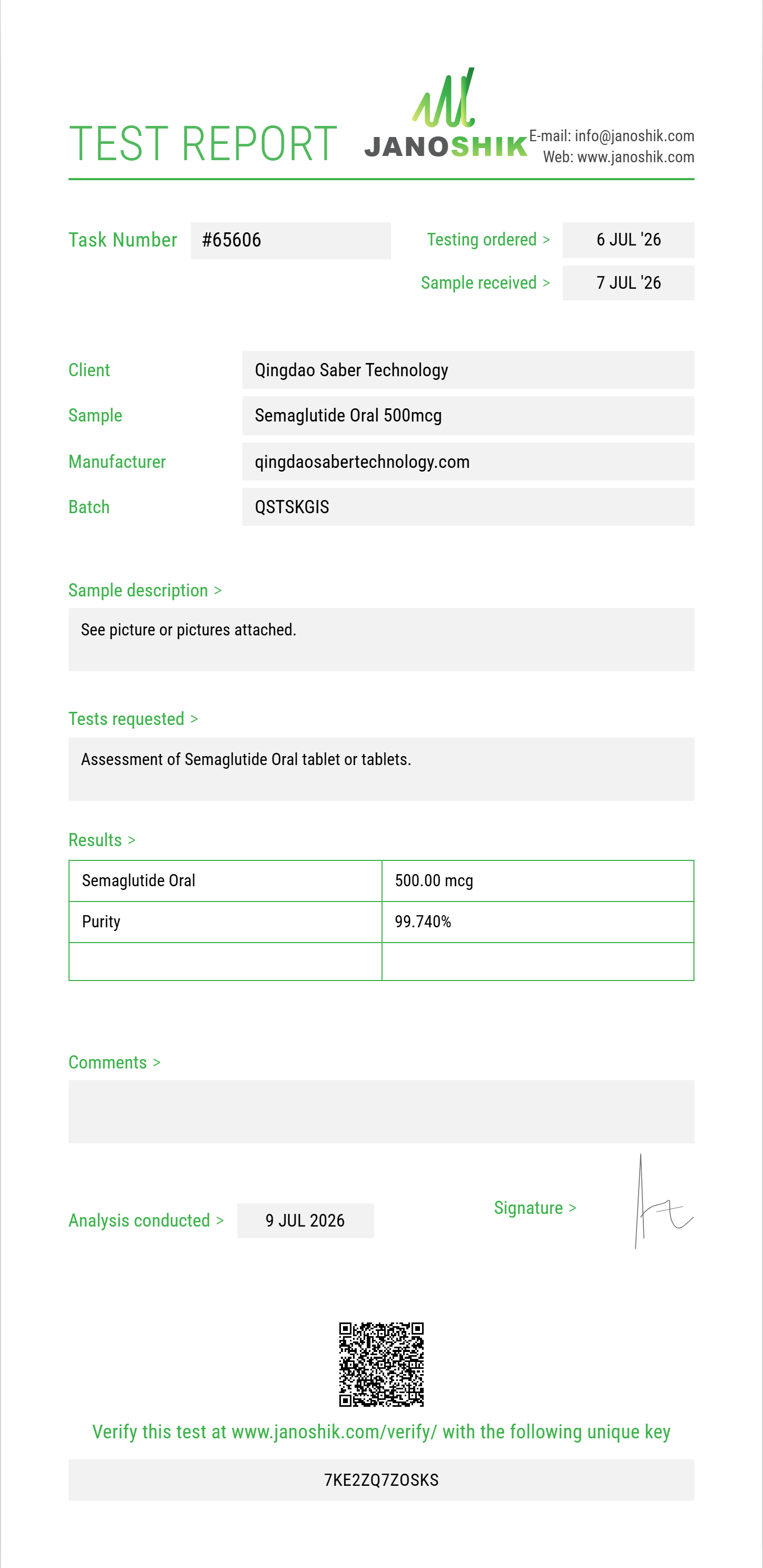 Semaglutide Oral Purity (HPLC) report by Janoshik Analytical