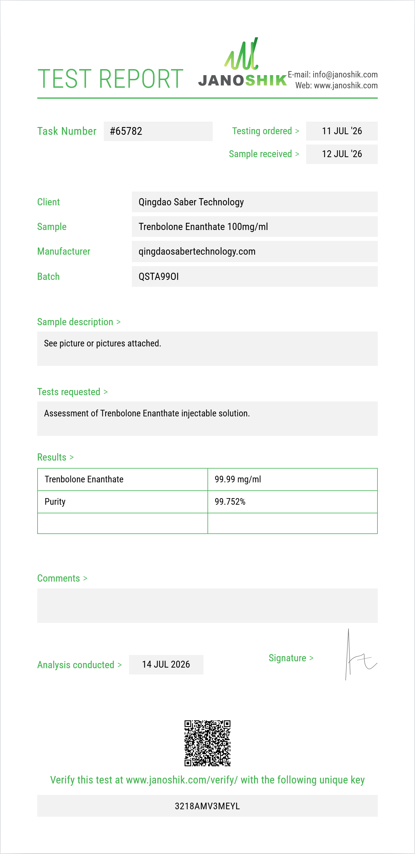 Trenbolone Enanthate Purity (HPLC) report by Janoshik Analytical