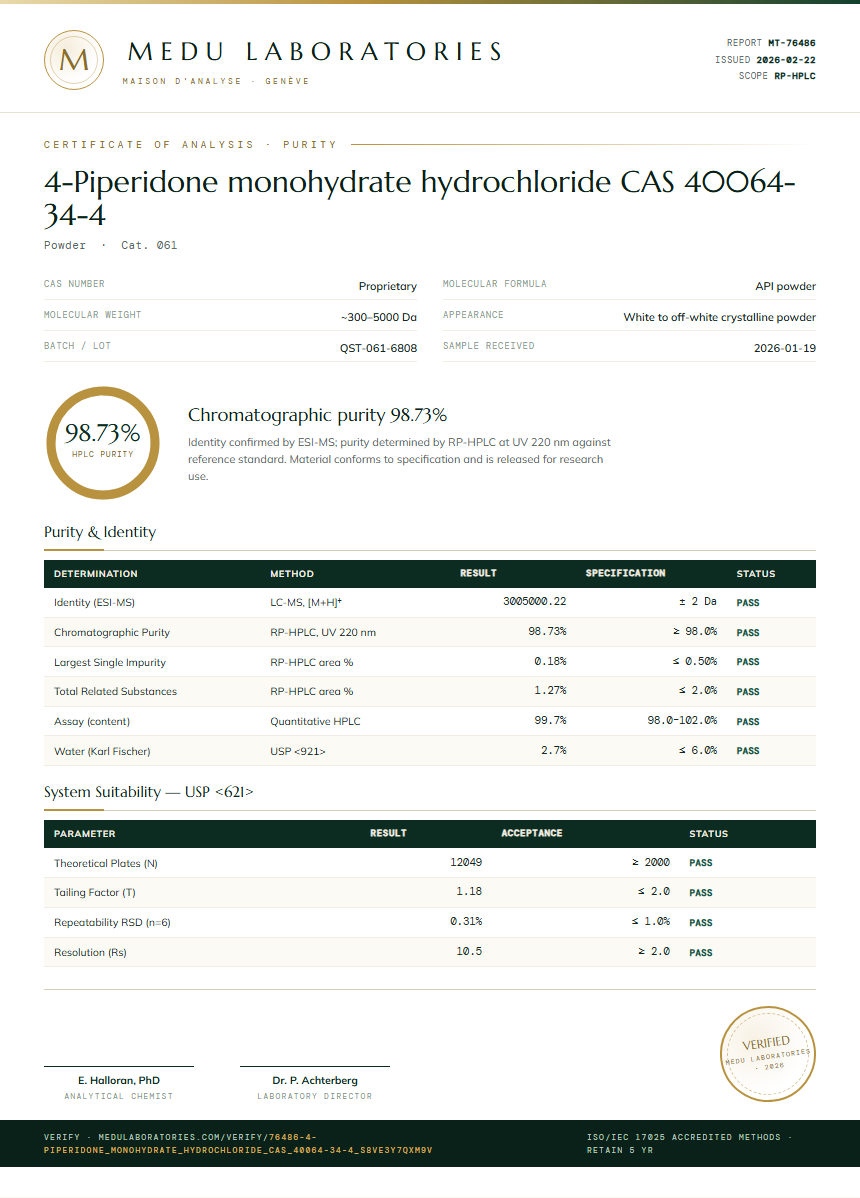 4-Piperidone monohydrate hydrochloride CAS 40064-34-4 Purity Test Report by Medutest