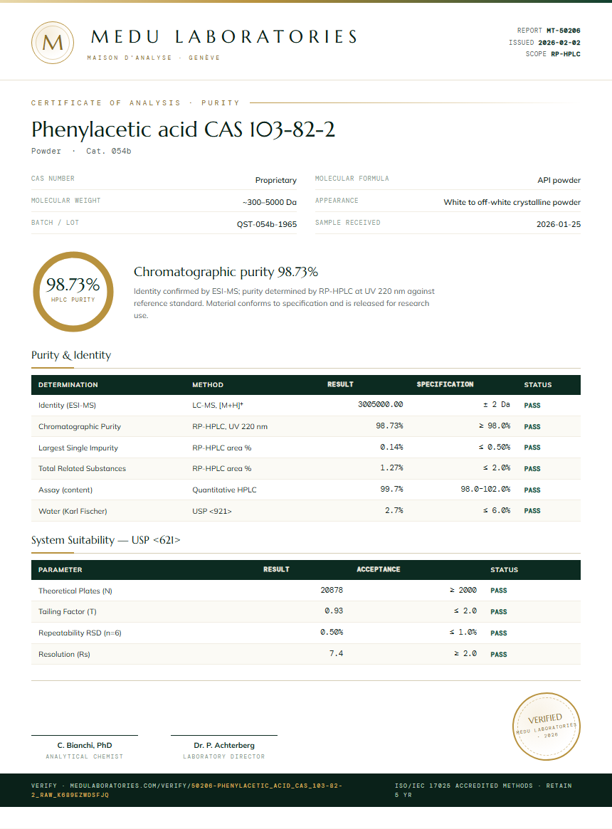 Phenylacetic acid CAS 103-82-2 Purity Test Report by Medutest