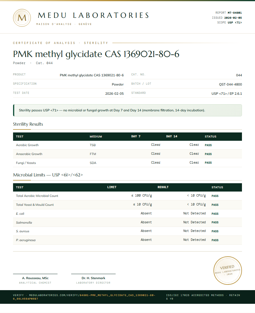 PMK methyl glycidate CAS 1369021-80-6 Sterility report by Medutest