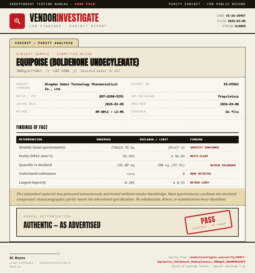 Equipoise (Boldenone Undecylenate) Purity (HPLC) report by VendorInvestigator