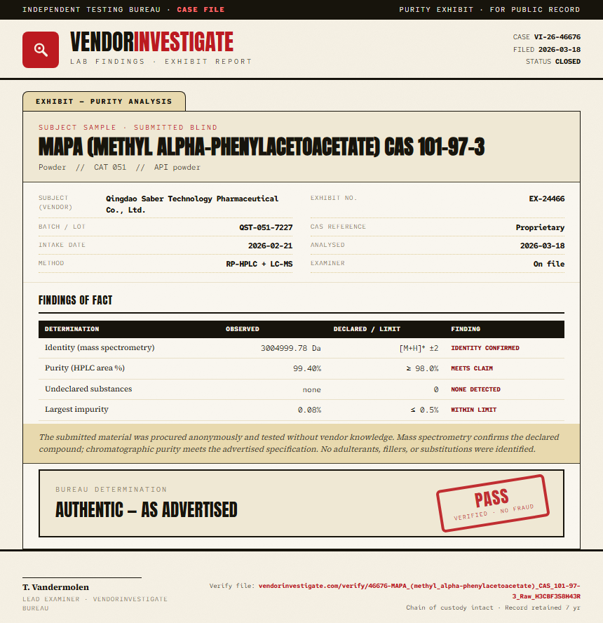 MAPA (methyl alpha-phenylacetoacetate) CAS 101-97-3 Purity (HPLC) report by VendorInvestigator