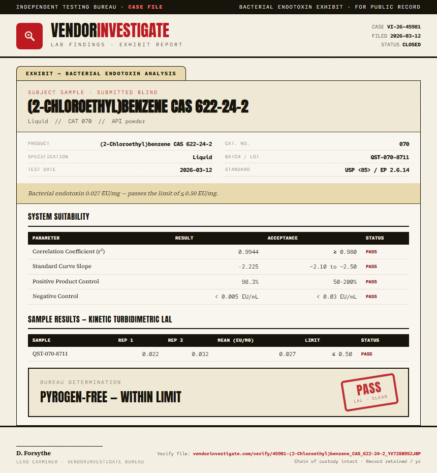 (2-Chloroethyl)benzene CAS 622-24-2 Endotoxin report by VendorInvestigator