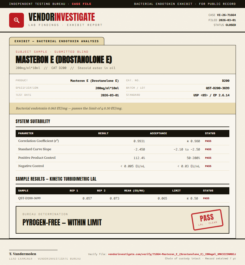 Masteron E (Drostanolone E) Endotoxin report by VendorInvestigator